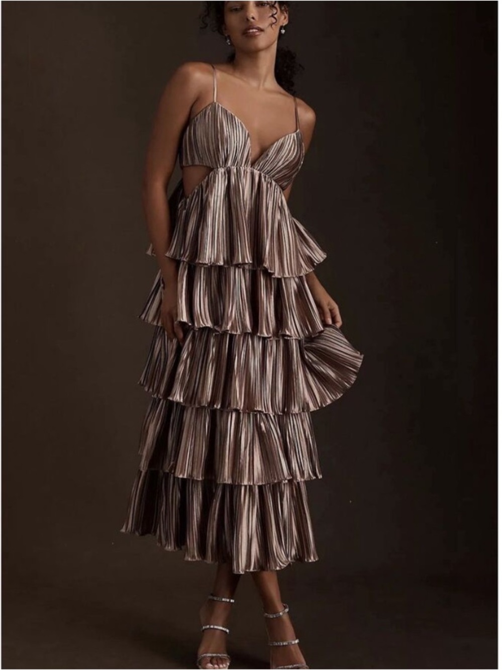 BHLDN Metallic Bronze Tiered Ruffle Midi Dress